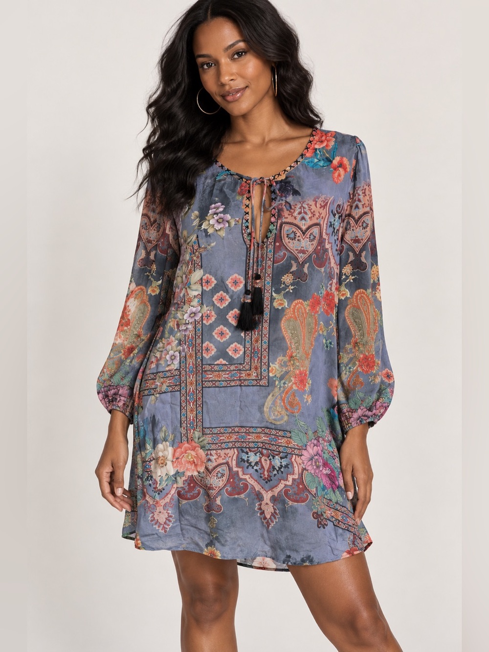 Tolani shift tunic dress bohemian patchwork paisley floral blue gray tassels XS
